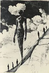 Midjourney generated image using SREF code Fractured Dissonance: A black and white drawing of a woman walking up a hill.