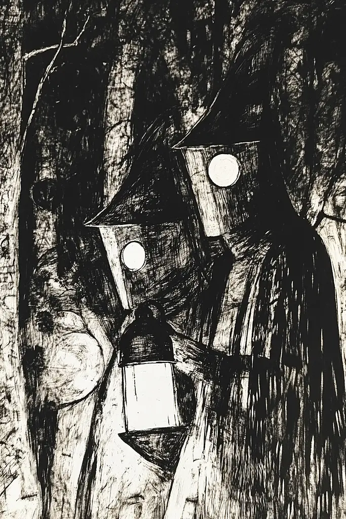 Midjourney generated image using SREF code Fractured Dissonance: A black and white drawing of two people holding lanterns in the woods.