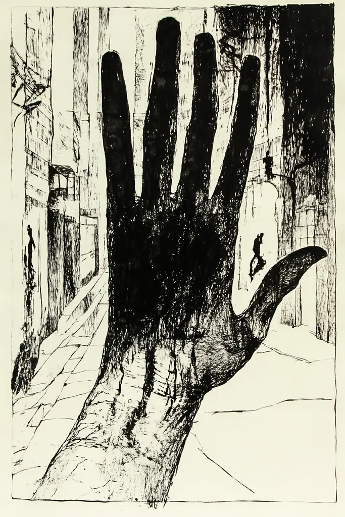 Midjourney generated image using SREF code Fractured Dissonance: A black and white drawing of a hand reaching out of a building.