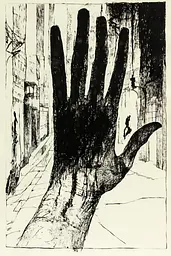 Midjourney generated image using SREF code Fractured Dissonance: A black and white drawing of a hand reaching out of a building.