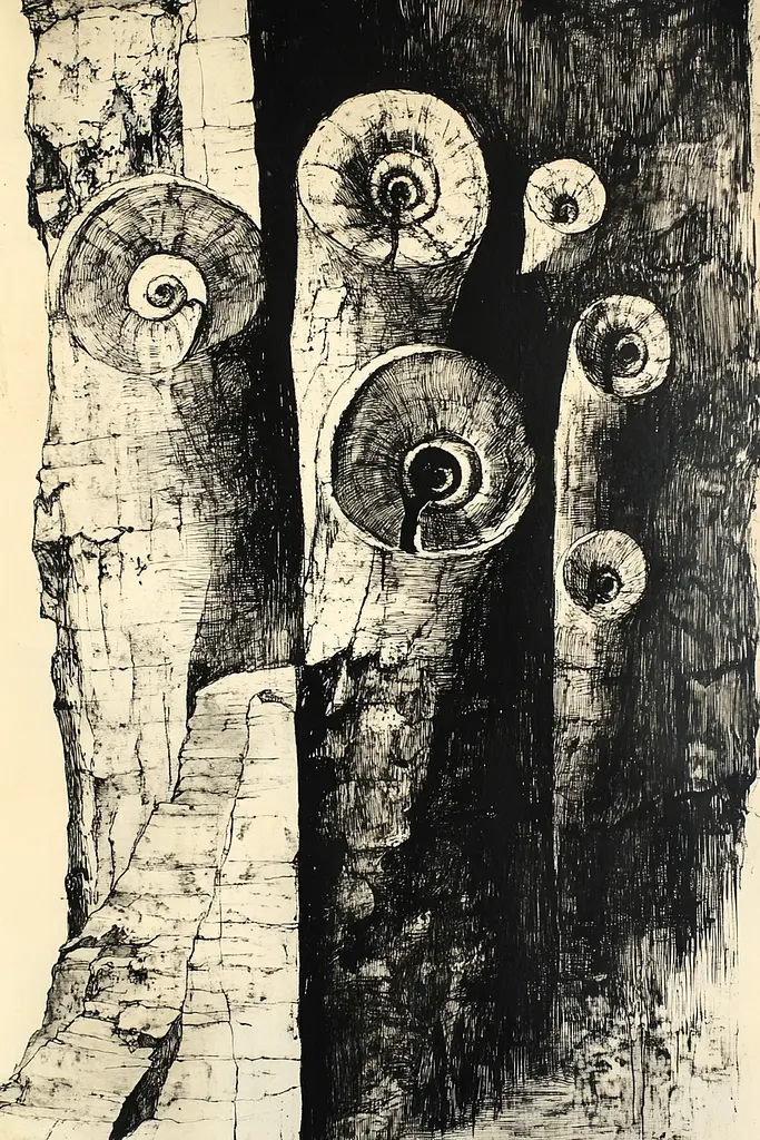 Midjourney generated image using SREF code Fractured Dissonance: A black and white drawing of a tree trunk.