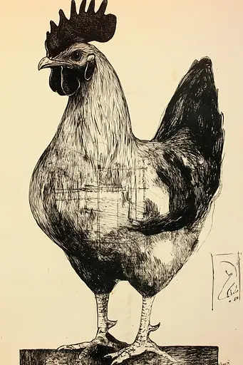 Midjourney generated image using SREF code Fractured Dissonance: A black and white drawing of a rooster on a piece of paper.