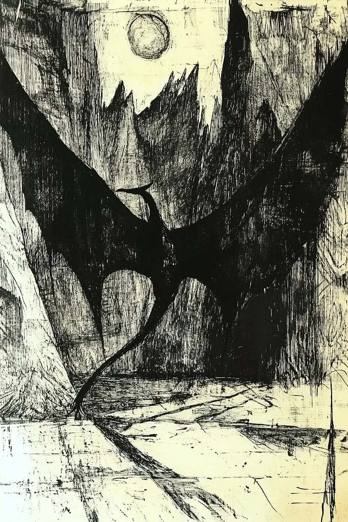 Midjourney generated image using SREF code Fractured Dissonance: A black and white drawing of a dragon flying over a mountain.