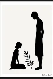 Midjourney generated image using SREF code ShadowKaleidoscope: A black and white silhouette of a woman and a child.