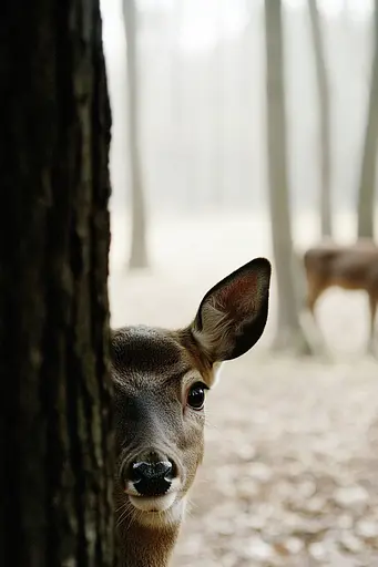 Midjourney generated image using SREF code Urban Solitude: A deer peeking out from behind a tree in the woods.