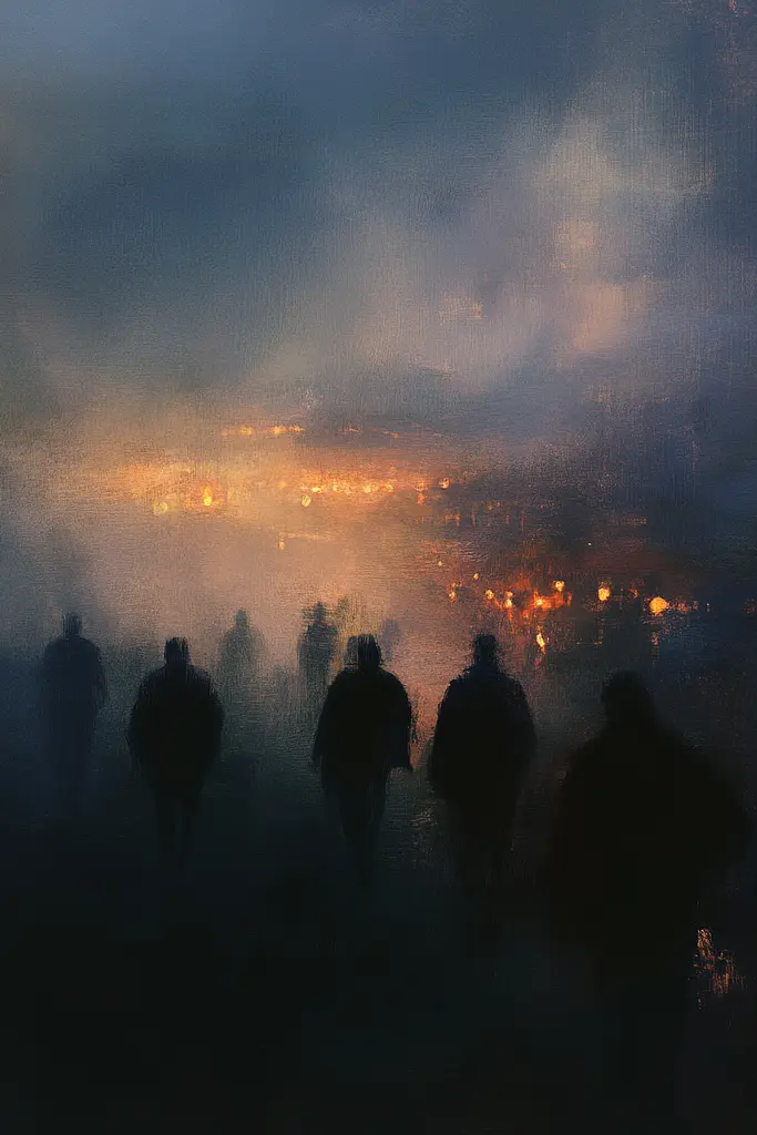 Midjourney generated image using SREF code Midnight Memoirs: A group of people walking in the fog at night.