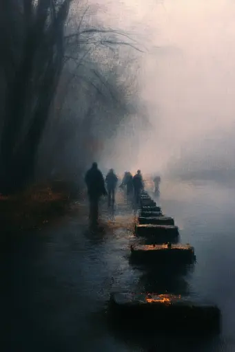 Midjourney generated image using SREF code Midnight Memoirs: A painting of people walking along a river in the fog.