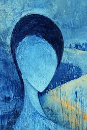 Midjourney generated image using SREF code Dreams of the Deep: A painting of a woman's face in a blue and yellow landscape.