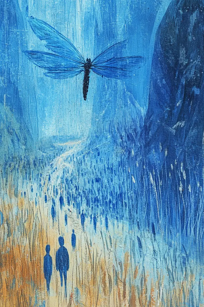 Midjourney generated image using SREF code Dreams of the Deep: A painting of a dragonfly flying over a field of people.