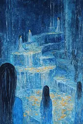 Midjourney generated image using SREF code Dreams of the Deep: A painting of a group of people standing in front of a waterfall.