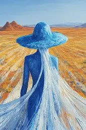 Midjourney generated image using SREF code Dreams of the Deep: A painting of a woman in a blue dress and hat in a field.