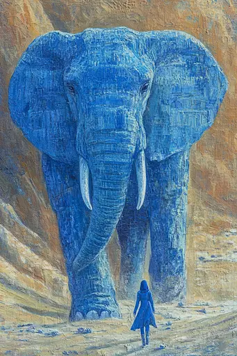 Midjourney generated image using SREF code Dreams of the Deep: A painting of an elephant and a person walking in the desert.