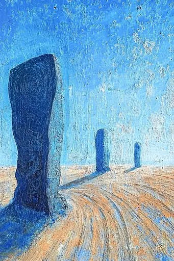 Midjourney generated image using SREF code Dreams of the Deep: A painting of three stonehenge standing in a field.