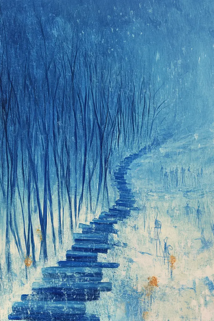 Midjourney generated image using SREF code Dreams of the Deep: A painting of a stairway in the middle of a snowy forest.