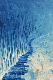 Midjourney generated image using SREF code Dreams of the Deep: A painting of a stairway in the middle of a snowy forest.