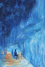 Midjourney generated image using SREF code Dreams of the Deep: A painting of two people sitting at a table in the middle of a forest.