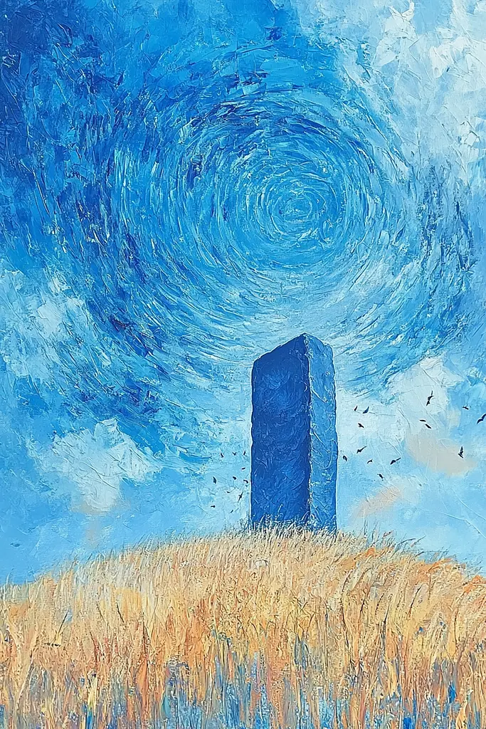 Midjourney generated image using SREF code Dreams of the Deep: A painting of a blue tower in the middle of a field.