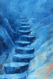 Midjourney generated image using SREF code Dreams of the Deep: A painting of a stairway leading up to the top of a mountain.