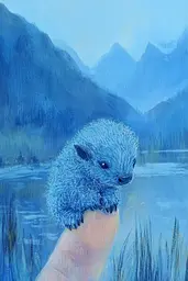 Midjourney generated image using SREF code Dreams of the Deep: A painting of a baby otter sitting on top of a person's finger.