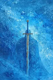 Midjourney generated image using SREF code Dreams of the Deep: A painting of a sword in the middle of a blue background.