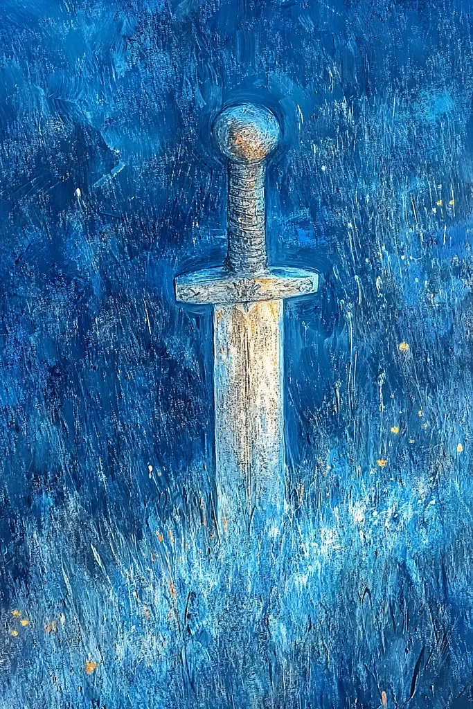 Midjourney generated image using SREF code Dreams of the Deep: A painting of a sword on a blue background.