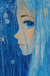 Midjourney generated image using SREF code Dreams of the Deep: A painting of a woman with blue eyes in the rain.