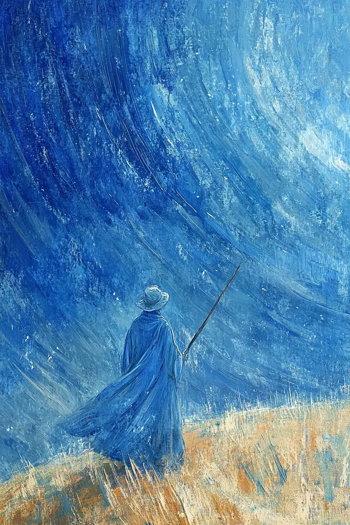 Midjourney generated image using SREF code Dreams of the Deep: A painting of a man in a blue cloak and hat holding a stick.