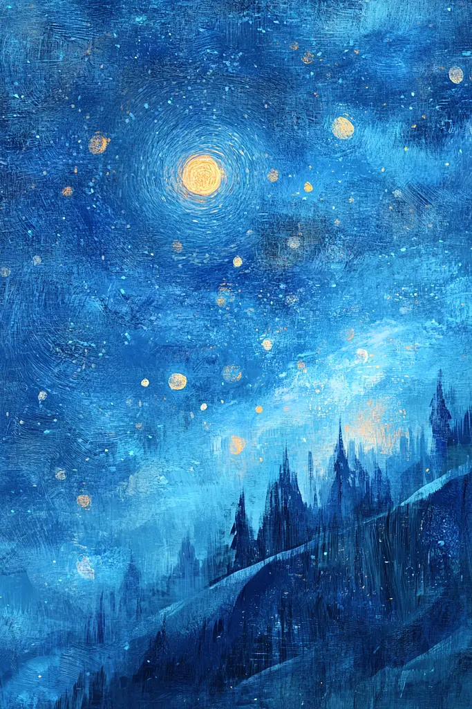 Midjourney generated image using SREF code Dreams of the Deep: A painting of a night sky with stars and a full moon.