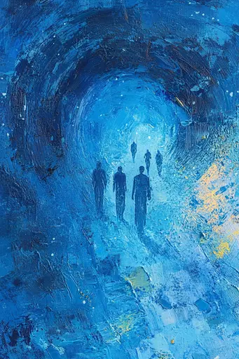 Midjourney generated image using SREF code Dreams of the Deep: A painting of a group of people walking through a tunnel.