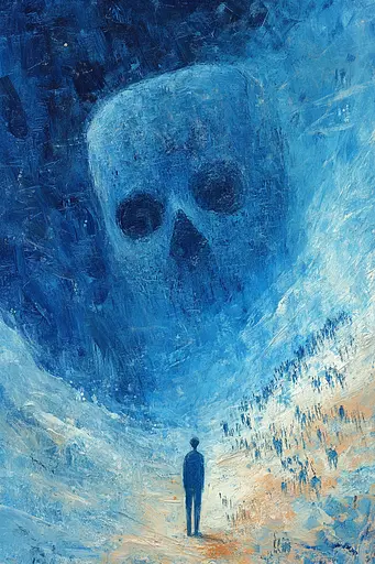 Midjourney generated image using SREF code Dreams of the Deep: A painting of a person standing in front of a large skull.