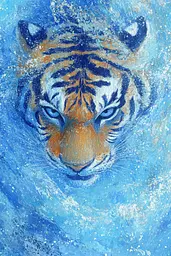 Midjourney generated image using SREF code Dreams of the Deep: A painting of a tiger with blue eyes in the water.