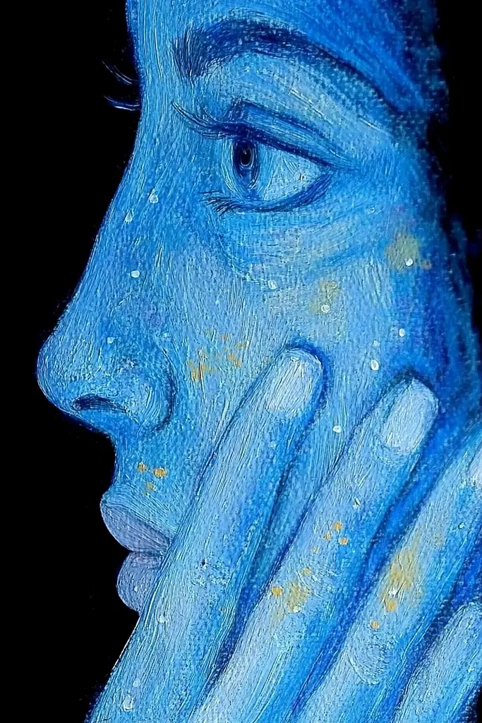 Midjourney generated image using SREF code Dreams of the Deep: A painting of a woman's face with blue paint on her face.