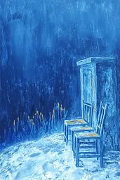 Midjourney generated image using SREF code Dreams of the Deep: A painting of two chairs sitting in the snow.