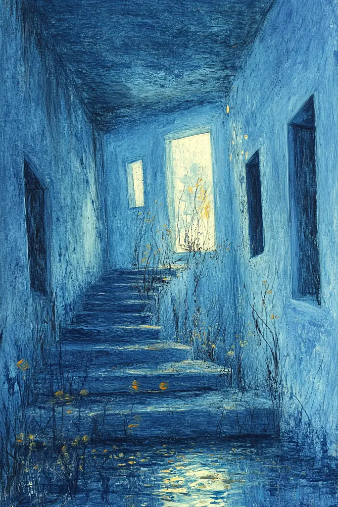 Midjourney generated image using SREF code Dreams of the Deep: A painting of a stairway leading to a window in a building.