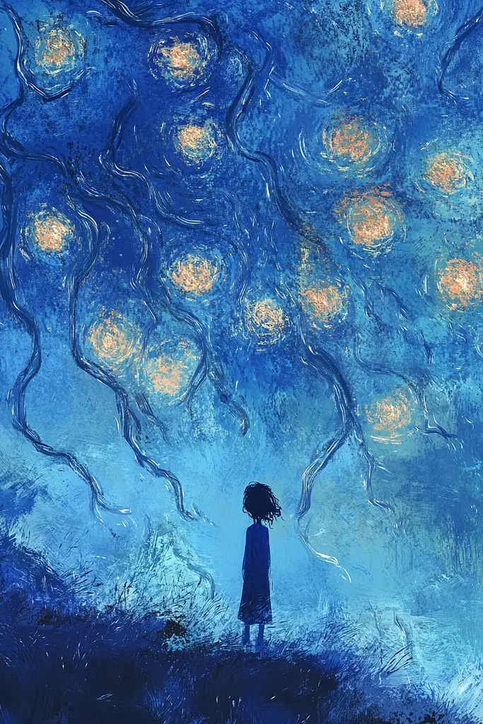 Midjourney generated image using SREF code Dreams of the Deep: A painting of a person standing in front of a starry night sky.