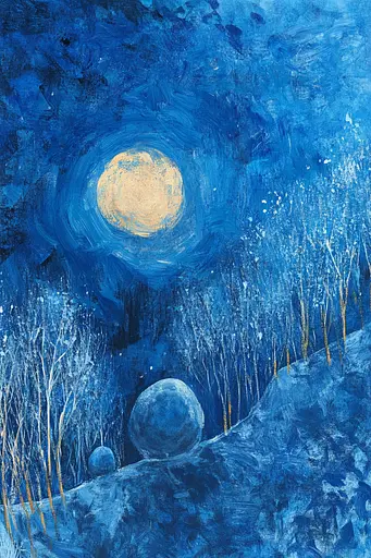 Midjourney generated image using SREF code Dreams of the Deep: A painting of a blue night sky with a full moon in the background.