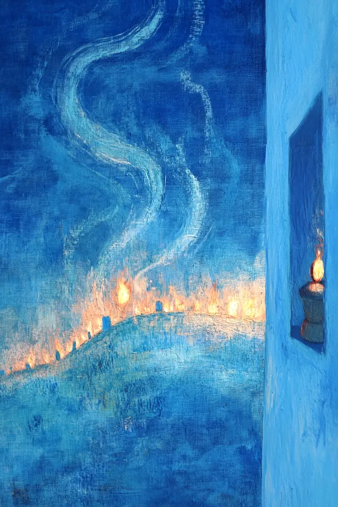 Midjourney generated image using SREF code Dreams of the Deep: A painting of a blue wall with a candle in it.