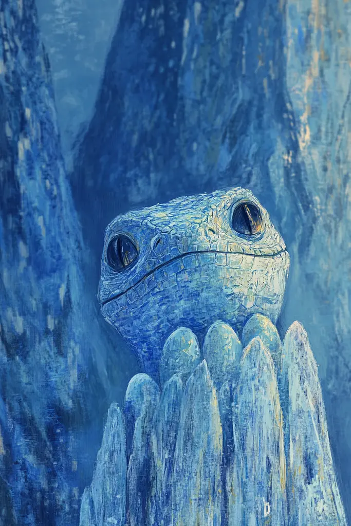 Midjourney generated image using SREF code Dreams of the Deep: A painting of a blue lizard sitting on top of a rock.