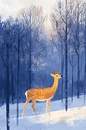 Midjourney generated image using SREF code Golden Glimmers: A deer standing in the middle of a snowy forest.