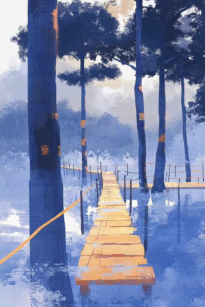 Midjourney generated image using SREF code Golden Glimmers: A painting of a wooden walkway in the middle of a lake.