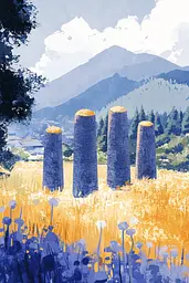 Midjourney generated image using SREF code Golden Glimmers: A painting of three stone pillars in a field of tall grass.