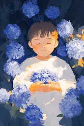 Midjourney generated image using SREF code Golden Glimmers: A painting of a boy holding a bunch of blue flowers.