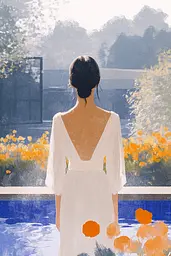 Midjourney generated image using SREF code Golden Glimmers: A woman in a white dress standing in front of a pool.