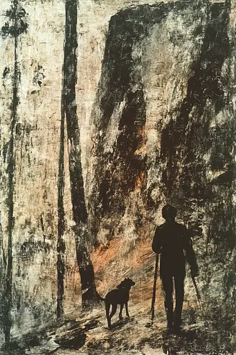 Midjourney generated image using SREF code Lurking Visions: A painting of a man walking a dog in the woods.