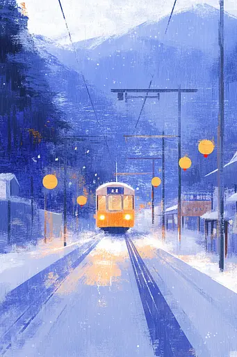 Midjourney generated image using SREF code Golden Glimmers: A painting of a yellow train on a snowy street.