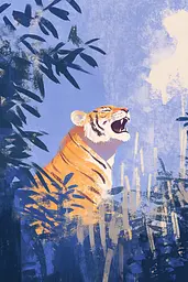 Midjourney generated image using SREF code Golden Glimmers: A painting of a tiger roaring in the jungle.