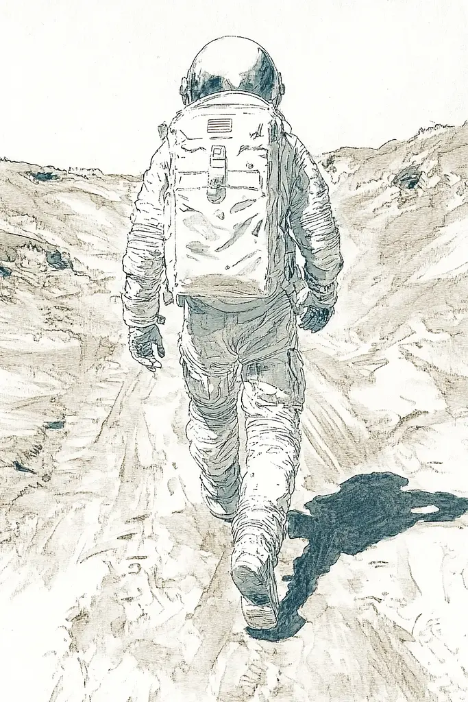 Midjourney generated image using SREF code Nature's Muse: A drawing of an astronaut walking on the moon.