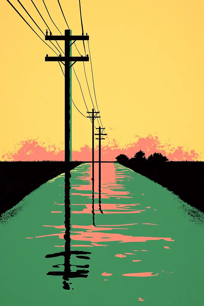 Midjourney generated image using SREF code Cactus Chroma: A painting of a road with power lines in the water.