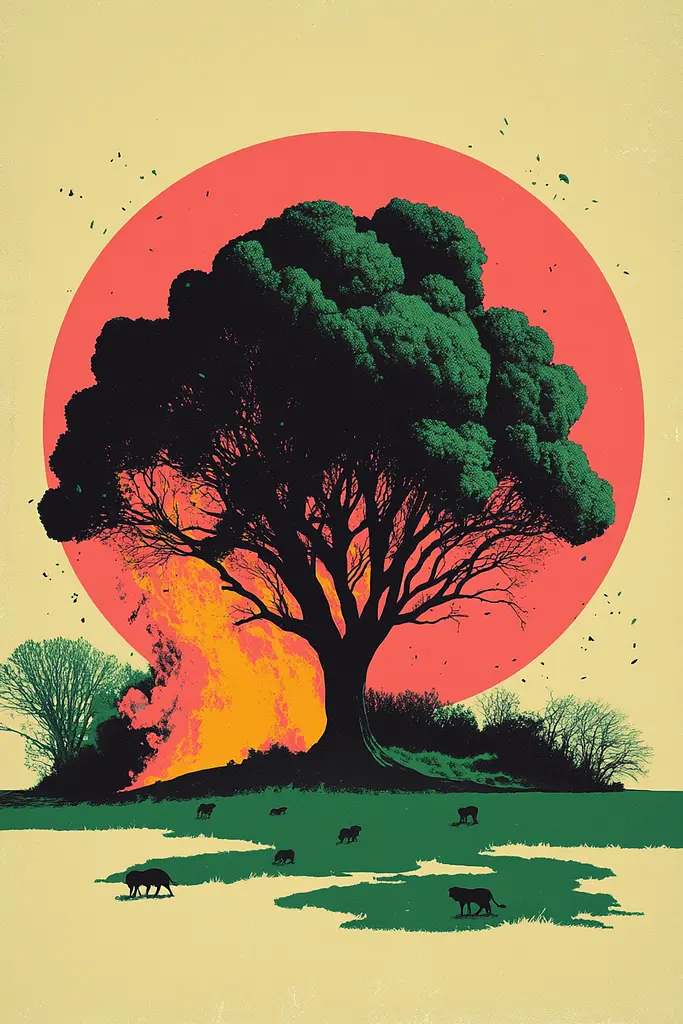 Midjourney generated image using SREF code Cactus Chroma: A large tree in the middle of a field with a sunset in the background.