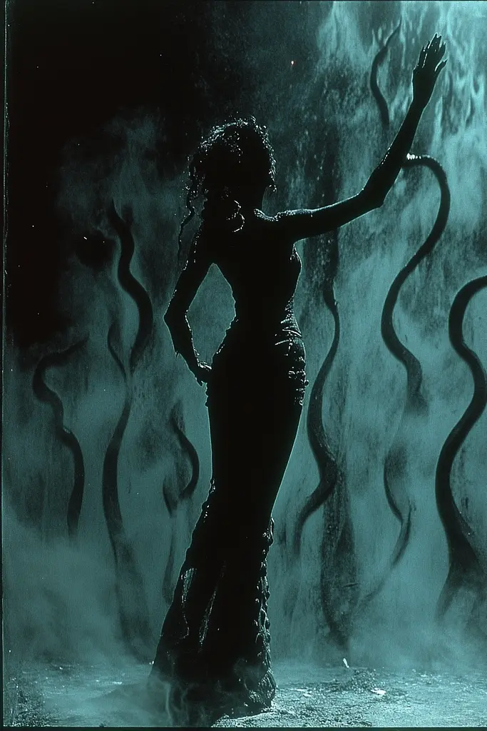Midjourney generated image using SREF code Moldshift: A woman in a black dress standing in front of a waterfall.